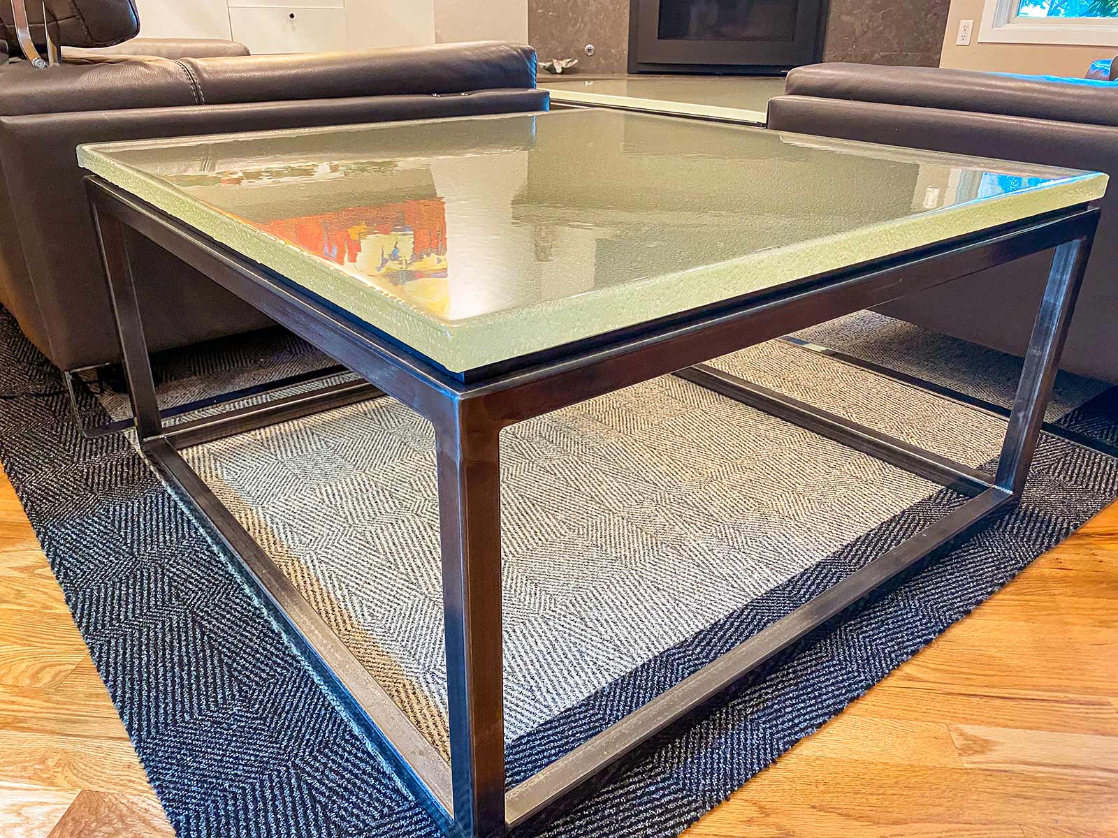 Crowe Cast Glass Hang Forged Base Coffee Tables